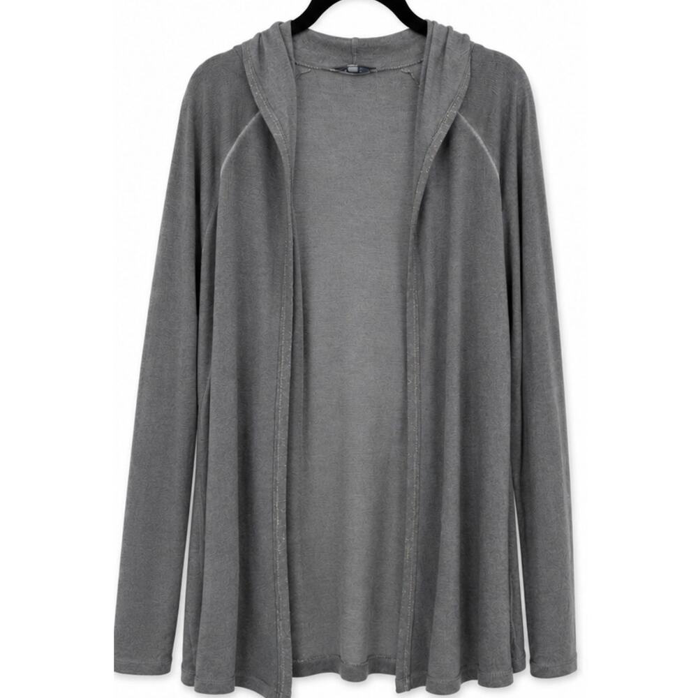 Tempo Paris Sequin Star Hooded Open Front Cardigan Gray Lightweight Sweater SZ L